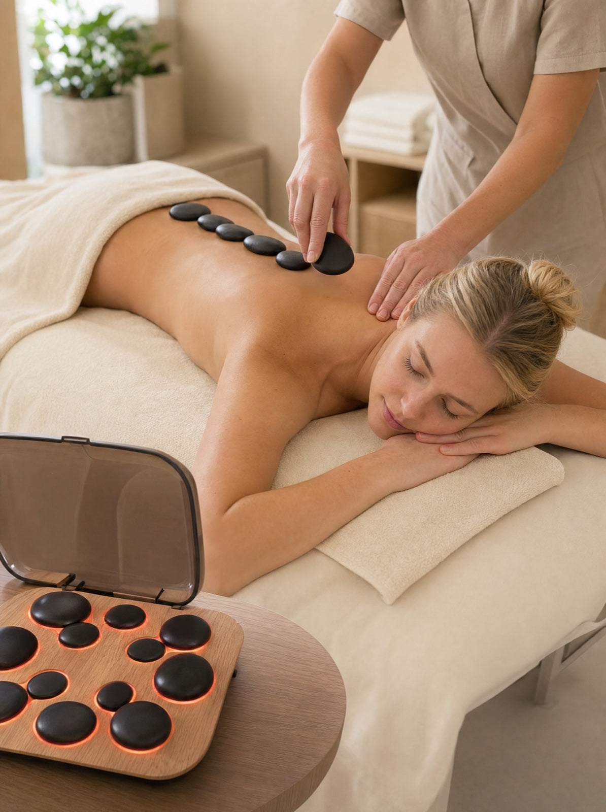 Woman receiving a relaxing hot stone massage with the Kiki set