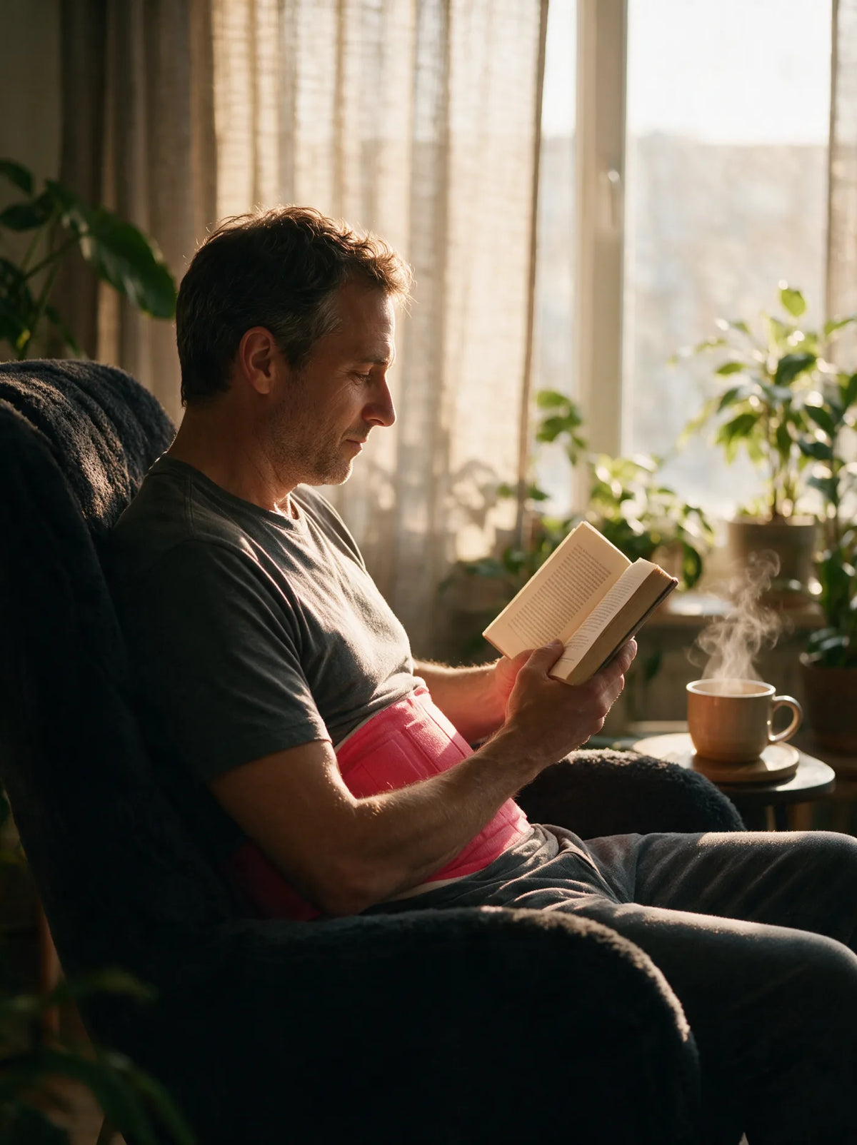 Man reading in an armchair wearing a heated back wrap