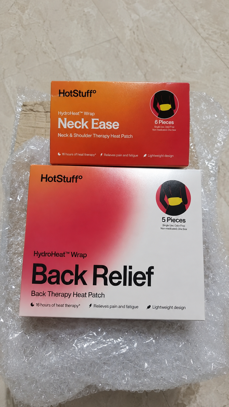HotStuff Neck Ease and Back Relief boxes together in the delivery bag