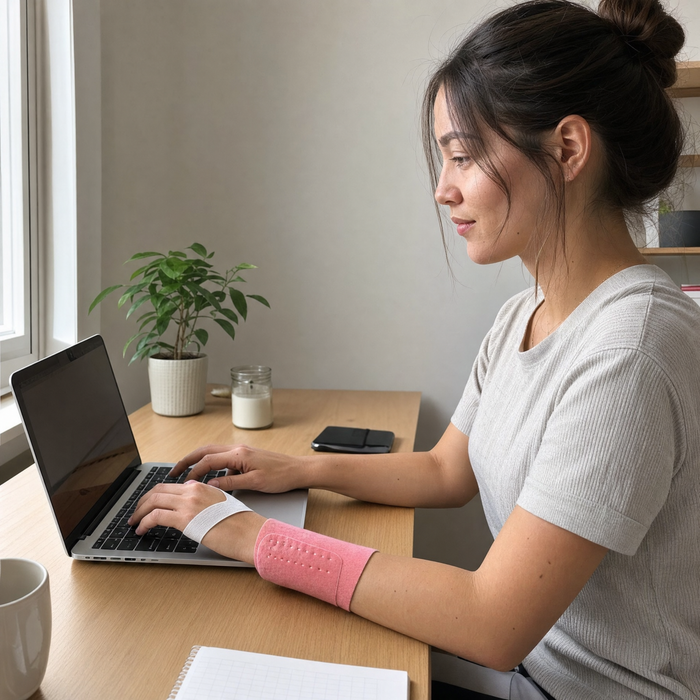 Woman at a desk with a HydroHeat steam wrap on her wrist