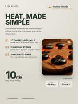 Kiki hot stone set details: temperatures 45-59C, 12 stones, 3-hour timer