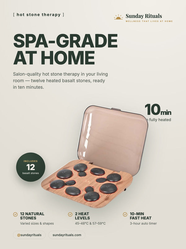Kiki hot stone set features: 12 natural stones, 2 heat levels, 10-minute heating