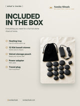 Kiki hot stone set, what's included in the box: tray, 12 stones, pouch, adapter, plug