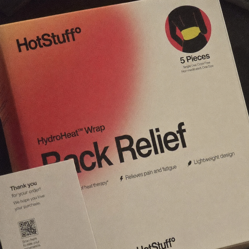 HotStuff Back Relief box with the Thank you for your order card, just unpacked
