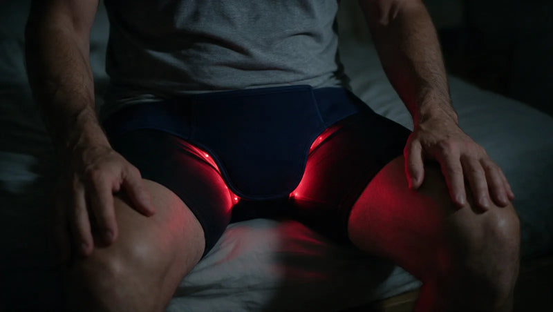 Man sitting on the edge of his bed mid-session, red light running