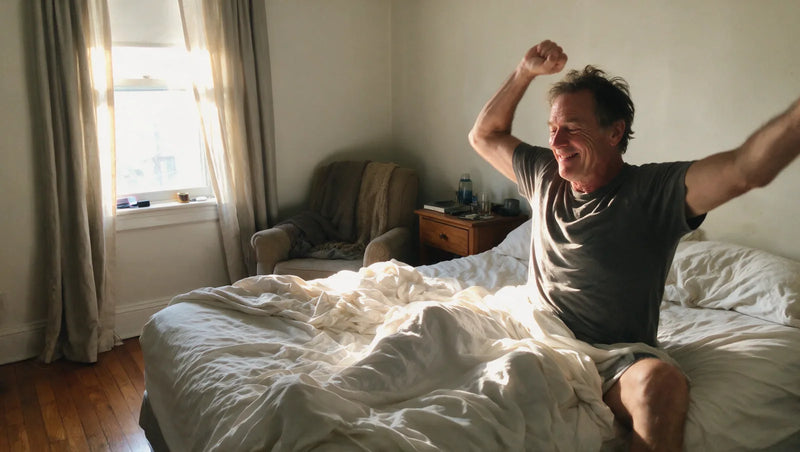 Man waking up and stretching in morning light