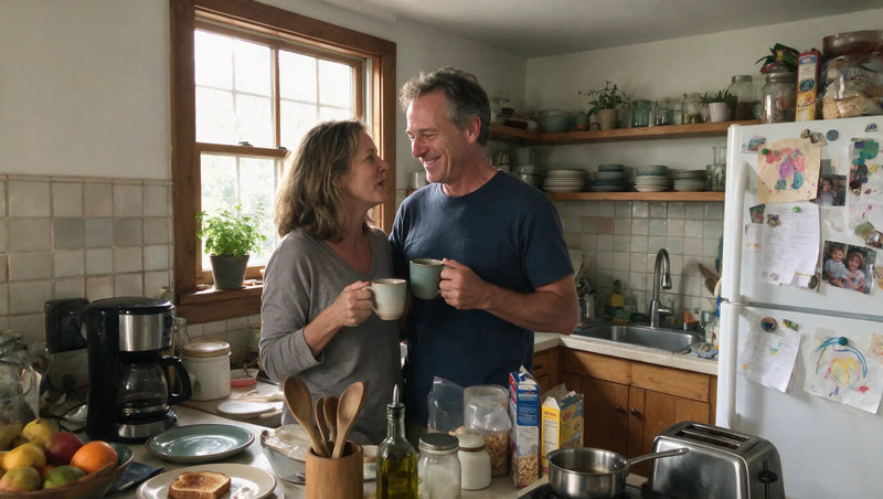 A couple talking over coffee in their kitchen in the morning