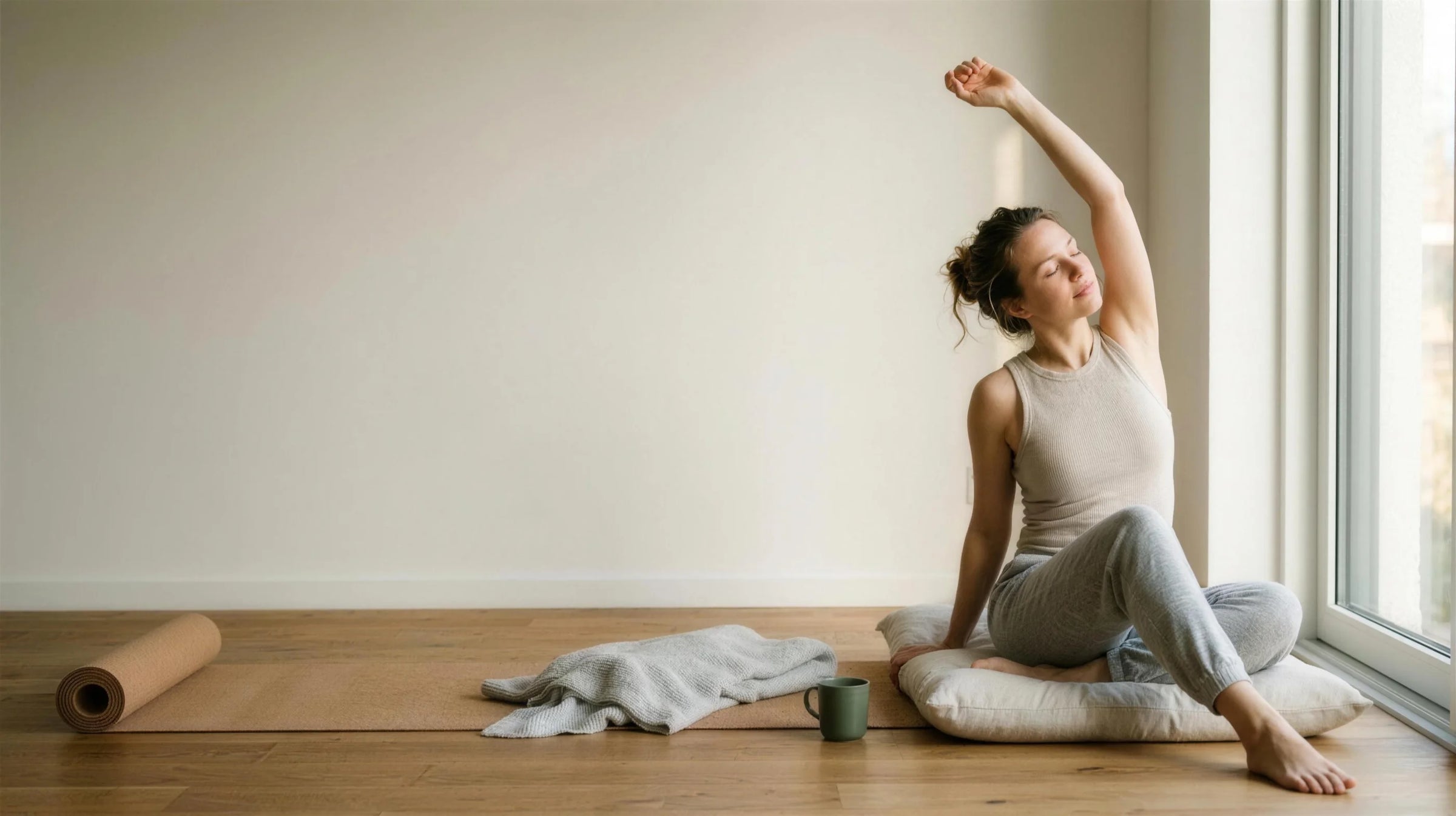 A woman stretching in morning light beside a cork mat at home