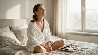 Woman enjoying warm stones on her shoulder on a Sunday morning
