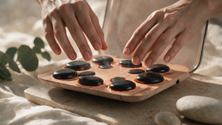 Hands warming over hot basalt stones on their heating tray